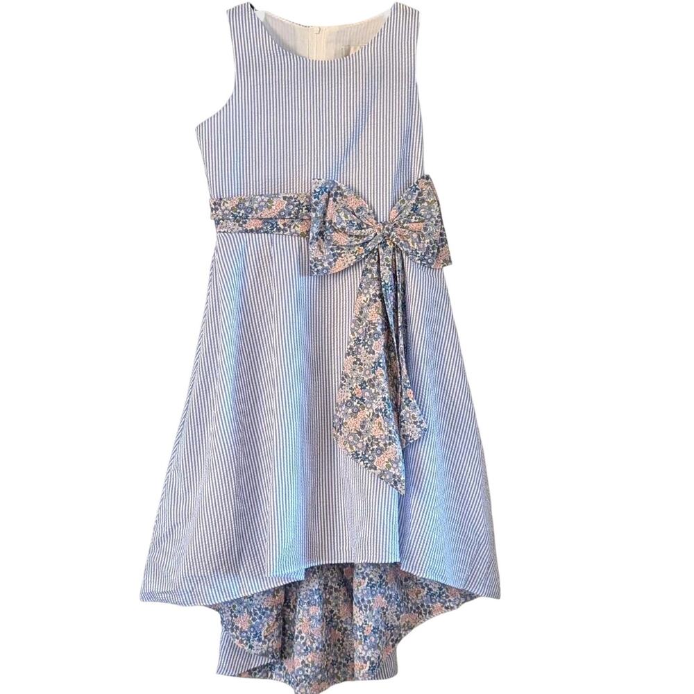 NWT Rare Editions Girls 12 Seersucker Dress Blue Floral Bow High Low